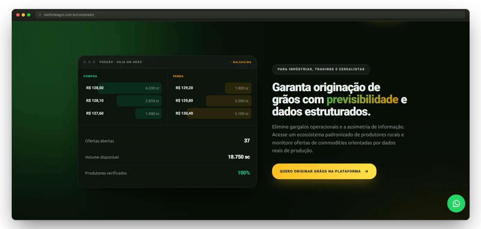 Página inicial do site institucional da Raiz Forte Agro, plataforma de comercialização agrícola desenvolvida pela Donatto Dev — screenshot 3
