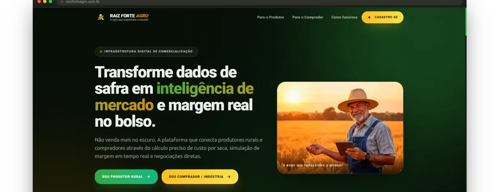 Página inicial do site institucional da Raiz Forte Agro, plataforma de comercialização agrícola desenvolvida pela Donatto Dev